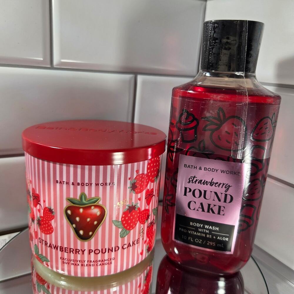 Bath & Body Works Strawberry Poundcake Candle and Body wash bundle